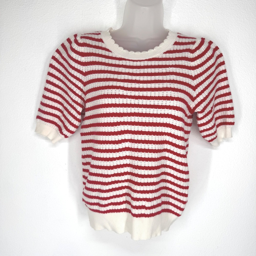 Draper James Womens Red White Striped Scallop Trim Sweater S Pointelle Preppy